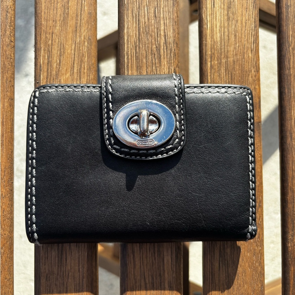 Coach • Black Leather Wallet with Silver Turn-Lock